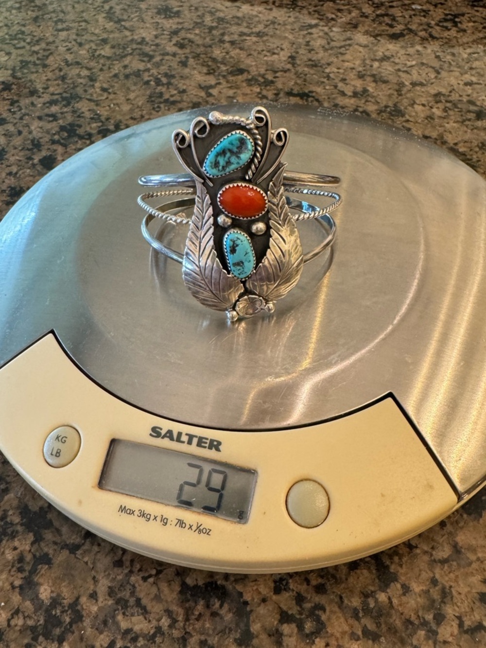 Gorgeous VTG Navajo Yazzie Sterling 3 Stone Turquoise and Coral Cuff Bracelet - Picture 16 of 16